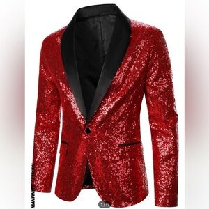 SHEIN Manfinity AFTRDRK Men Shawl Collar Single Button Sequins Blazer, Red, 40L